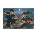 Anime Samurai Duel Art Print, Night Battle on Rooftops Under the Moon