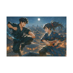 Anime Samurai Duel Art Print, Night Battle on Rooftops Under the Moon