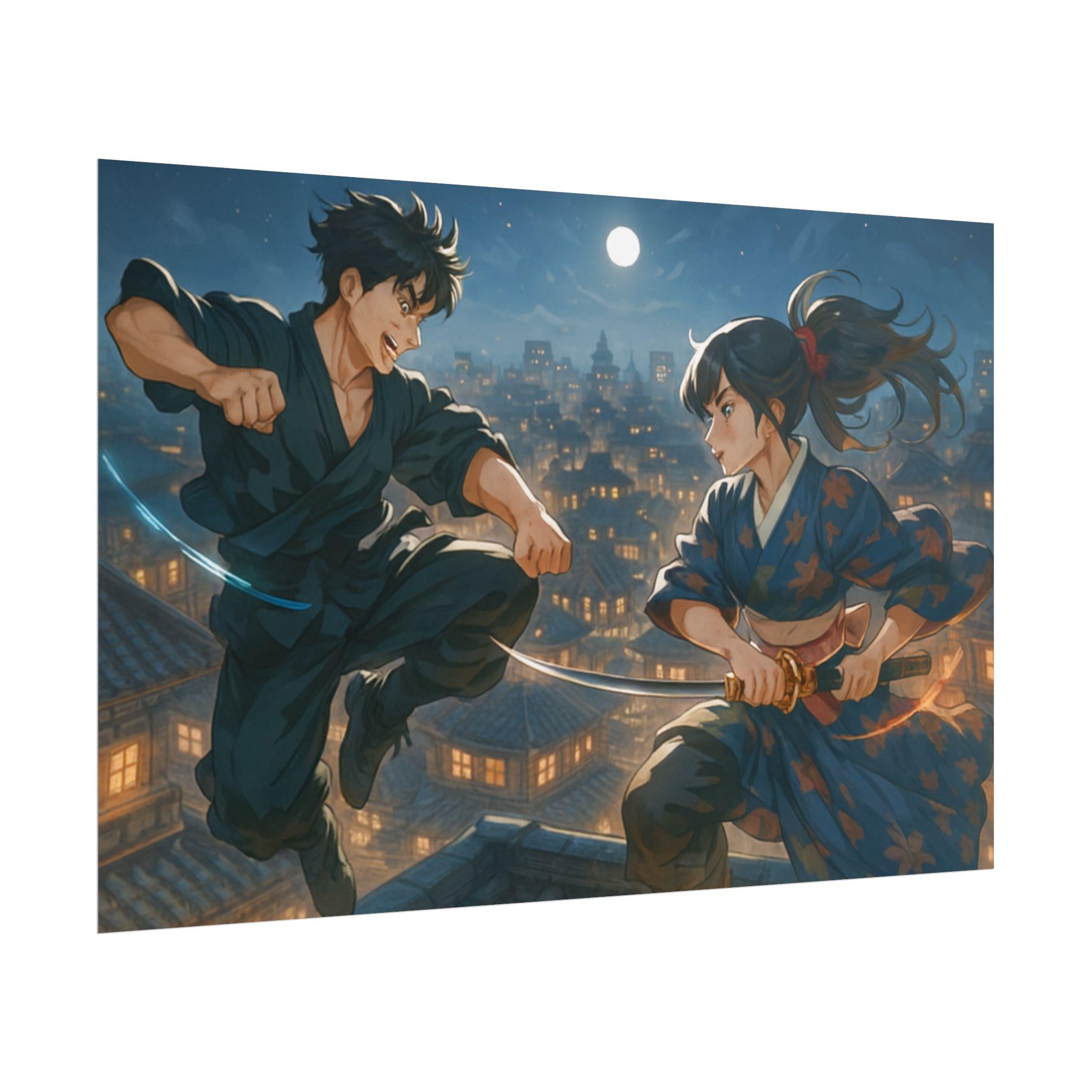 Anime Samurai Duel Art Print, Night Battle on Rooftops Under the Moon