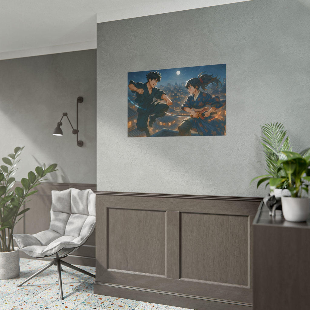 Anime Samurai Duel Art Print, Night Battle on Rooftops Under the Moon