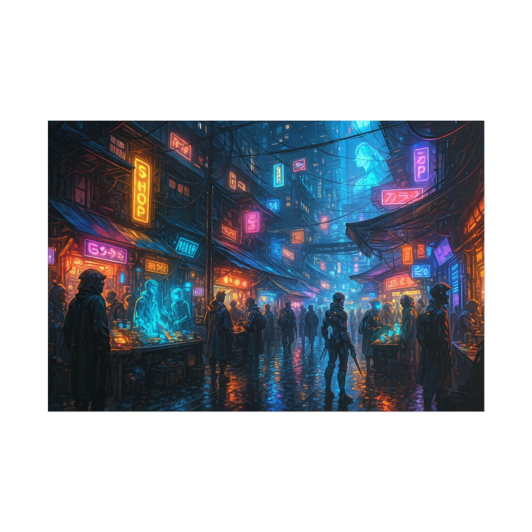 Cyberpunk City Wall Art Futuristic Anime Street Scene with Neon Lights and Sci Fi Market