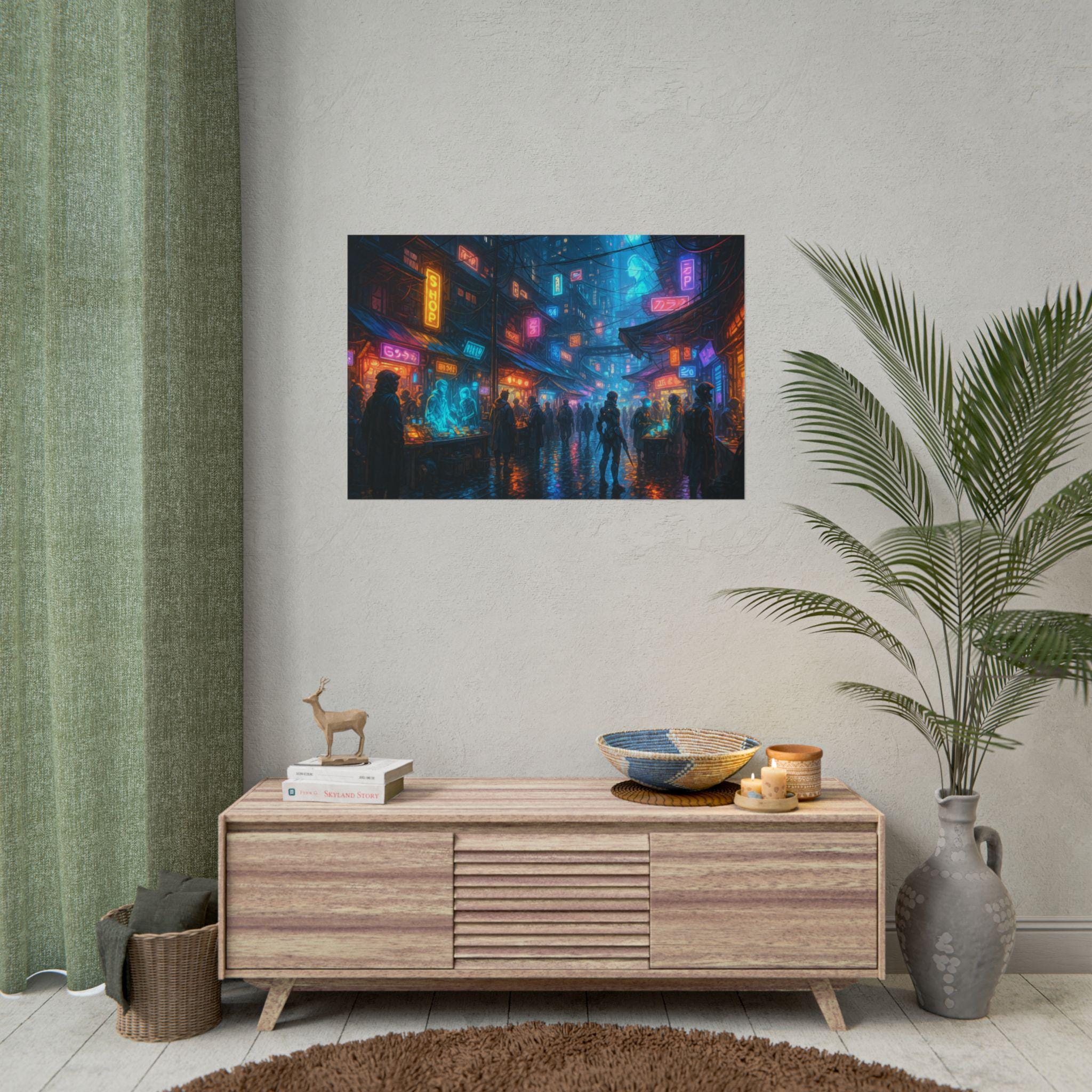 Cyberpunk City Wall Art Futuristic Anime Street Scene with Neon Lights and Sci Fi Market
