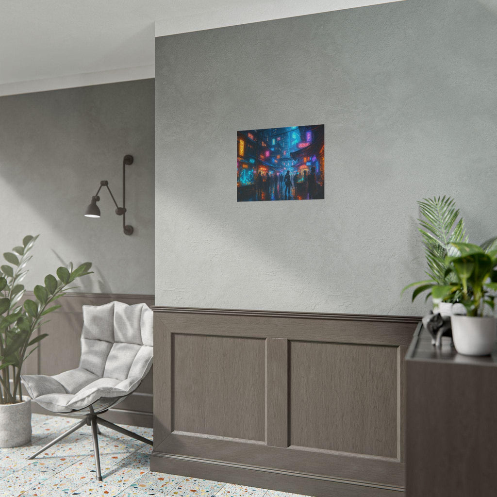 Cyberpunk City Wall Art Futuristic Anime Street Scene with Neon Lights and Sci Fi Market