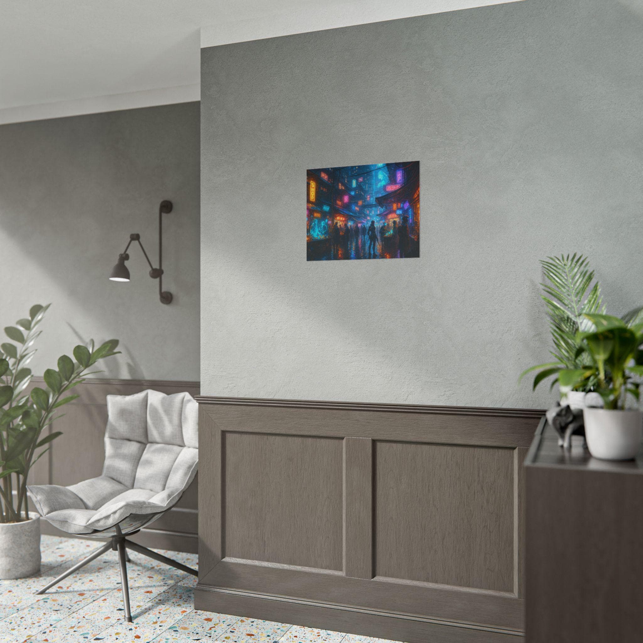 Cyberpunk City Wall Art Futuristic Anime Street Scene with Neon Lights and Sci Fi Market