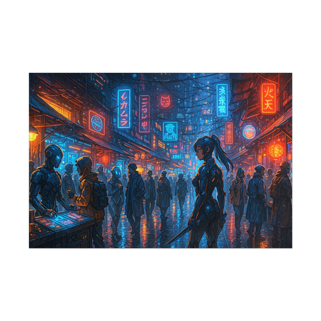 Cyberpunk Anime Wall Art Futuristic Street Scene with Neon Lights and Female Warrior