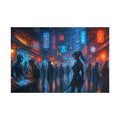 Cyberpunk Anime Wall Art Futuristic Street Scene with Neon Lights and Female Warrior