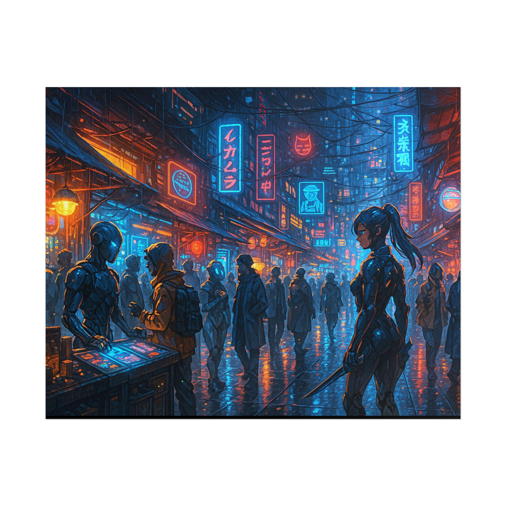 Cyberpunk Anime Wall Art Futuristic Street Scene with Neon Lights and Female Warrior