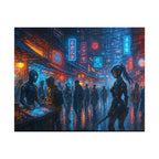 Cyberpunk Anime Wall Art Futuristic Street Scene with Neon Lights and Female Warrior
