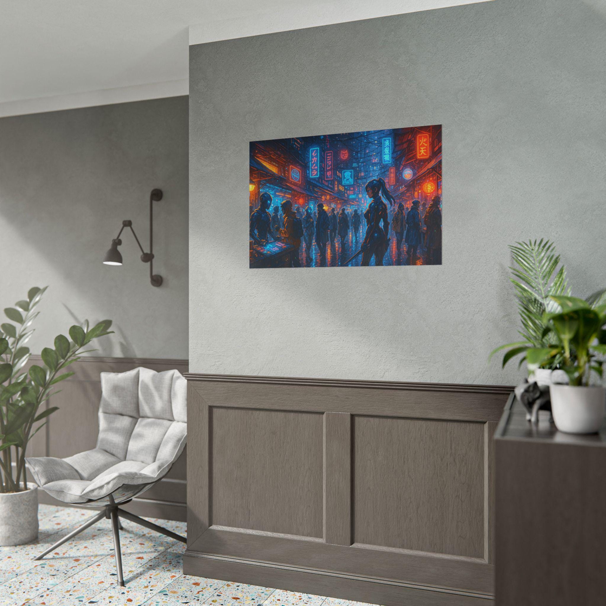 Cyberpunk Anime Wall Art Futuristic Street Scene with Neon Lights and Female Warrior