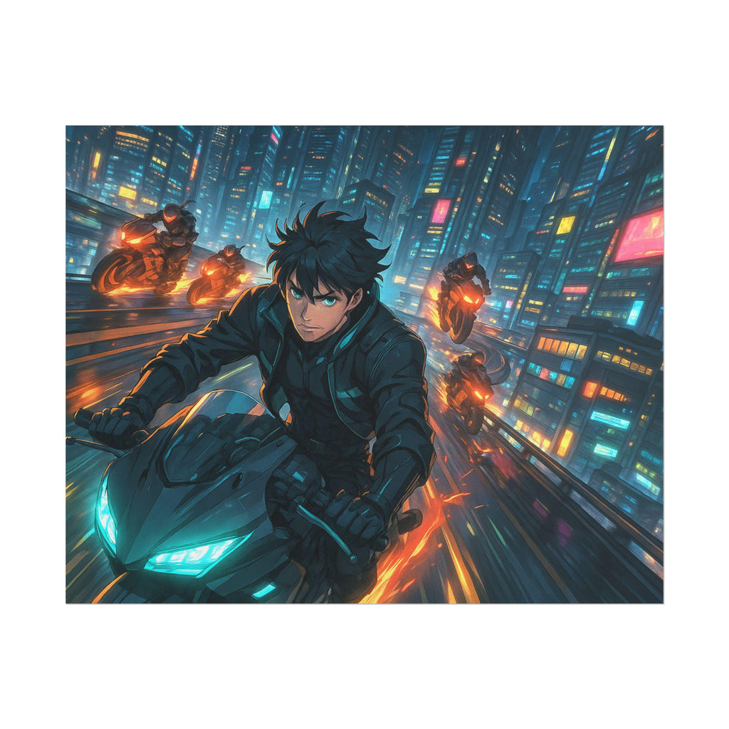 Cyberpunk Anime Wall Art Futuristic Motorcycle Chase in Neon City
