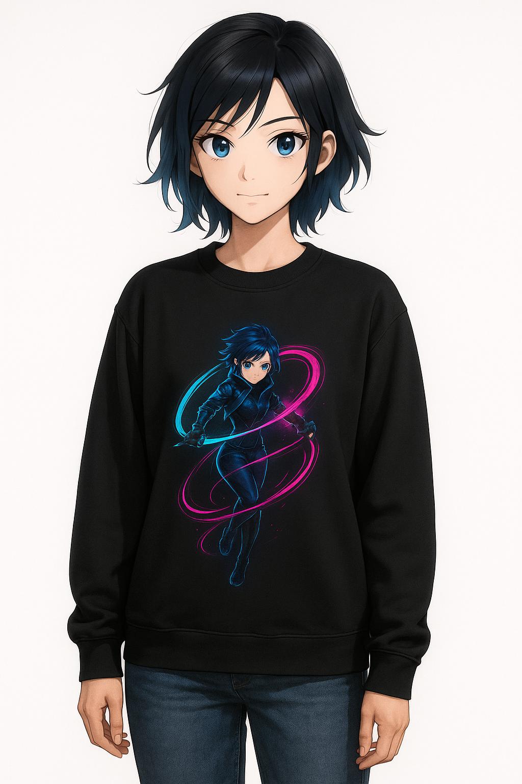 Cyberpunk Neon Warrior Sweatshirt Futuristic Techwear Anime Streetwear Neon Glow Gift for Gamers and Anime Fans