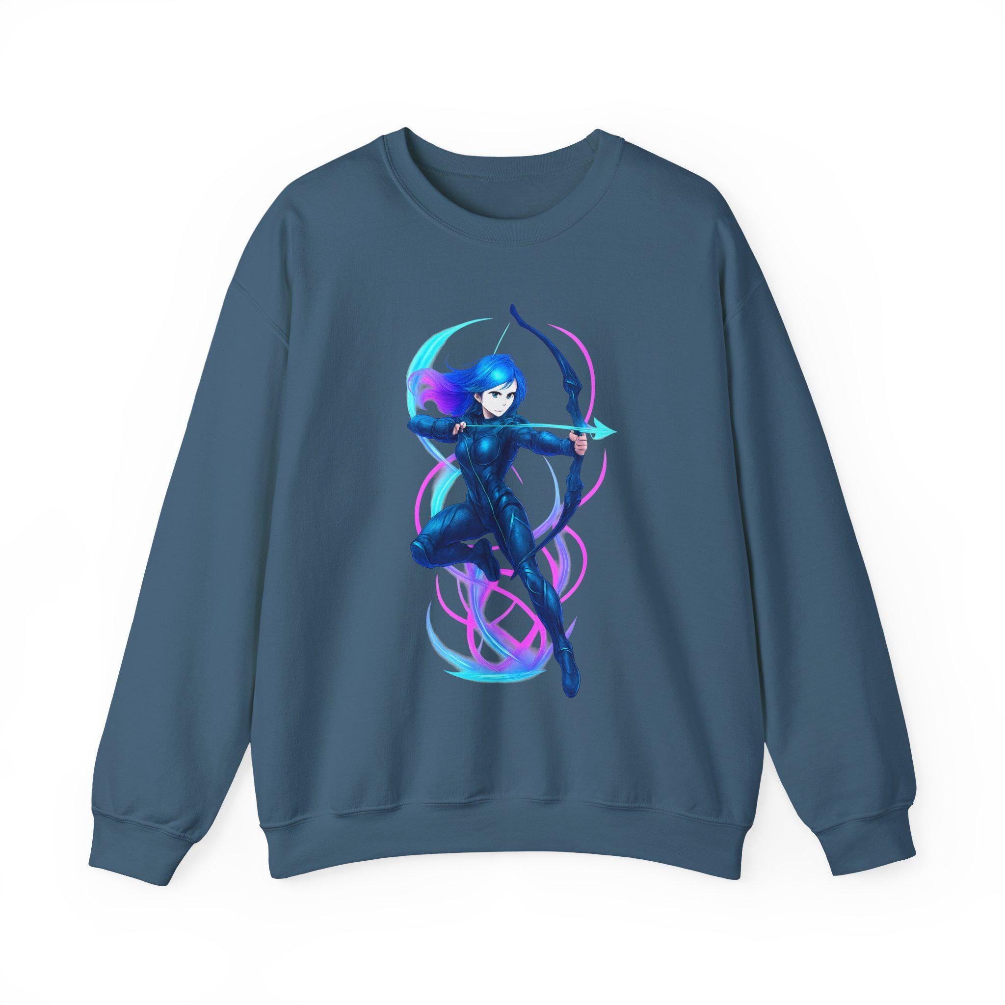 Neon Archer Anime Girl Sweatshirt Cyber Glow Streetwear Gift for Gamers and Anime Lovers