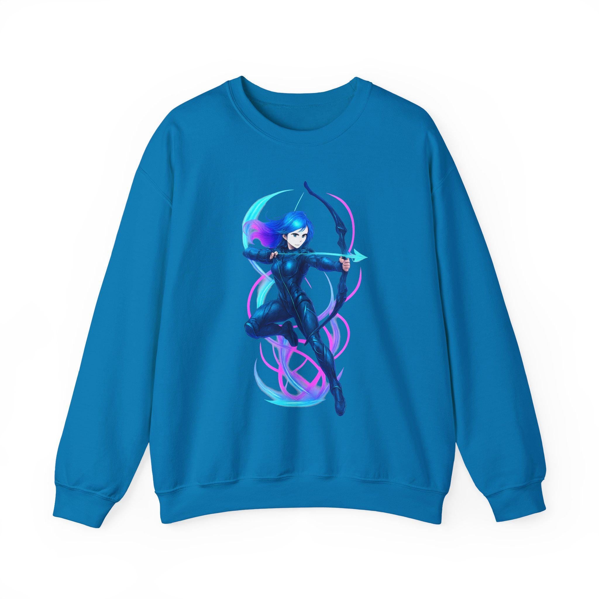 Neon Archer Anime Girl Sweatshirt Cyber Glow Streetwear Gift for Gamers and Anime Lovers