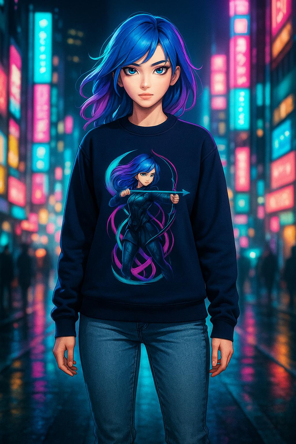 Neon Archer Anime Girl Sweatshirt Cyber Glow Streetwear Gift for Gamers and Anime Lovers
