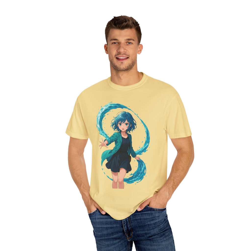 Anime Water Spirit Girl T-Shirt Neon Wave Power Graphic Tee Japanese Fantasy Streetwear Gift for Anime Fans