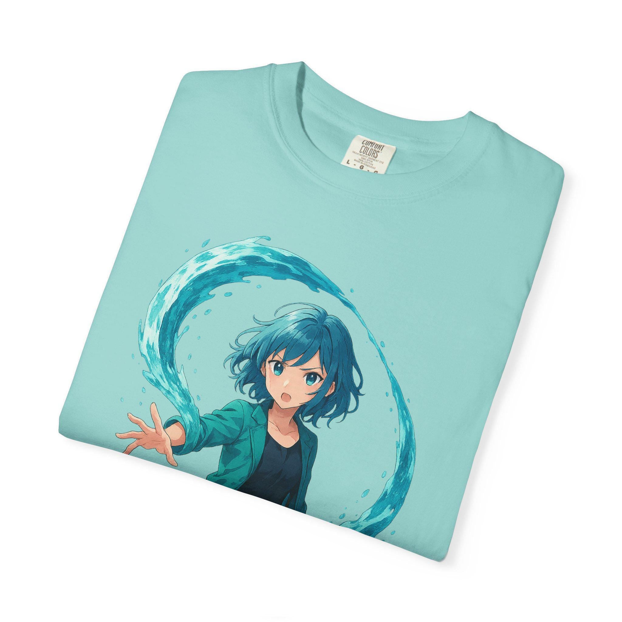 Anime Water Spirit Girl T-Shirt Neon Wave Power Graphic Tee Japanese Fantasy Streetwear Gift for Anime Fans