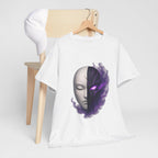 Anime Oni Mask T-Shirt Dark Spirit Face Split Design Neon Purple Glow Streetwear Gift for Anime Lovers and Gamers