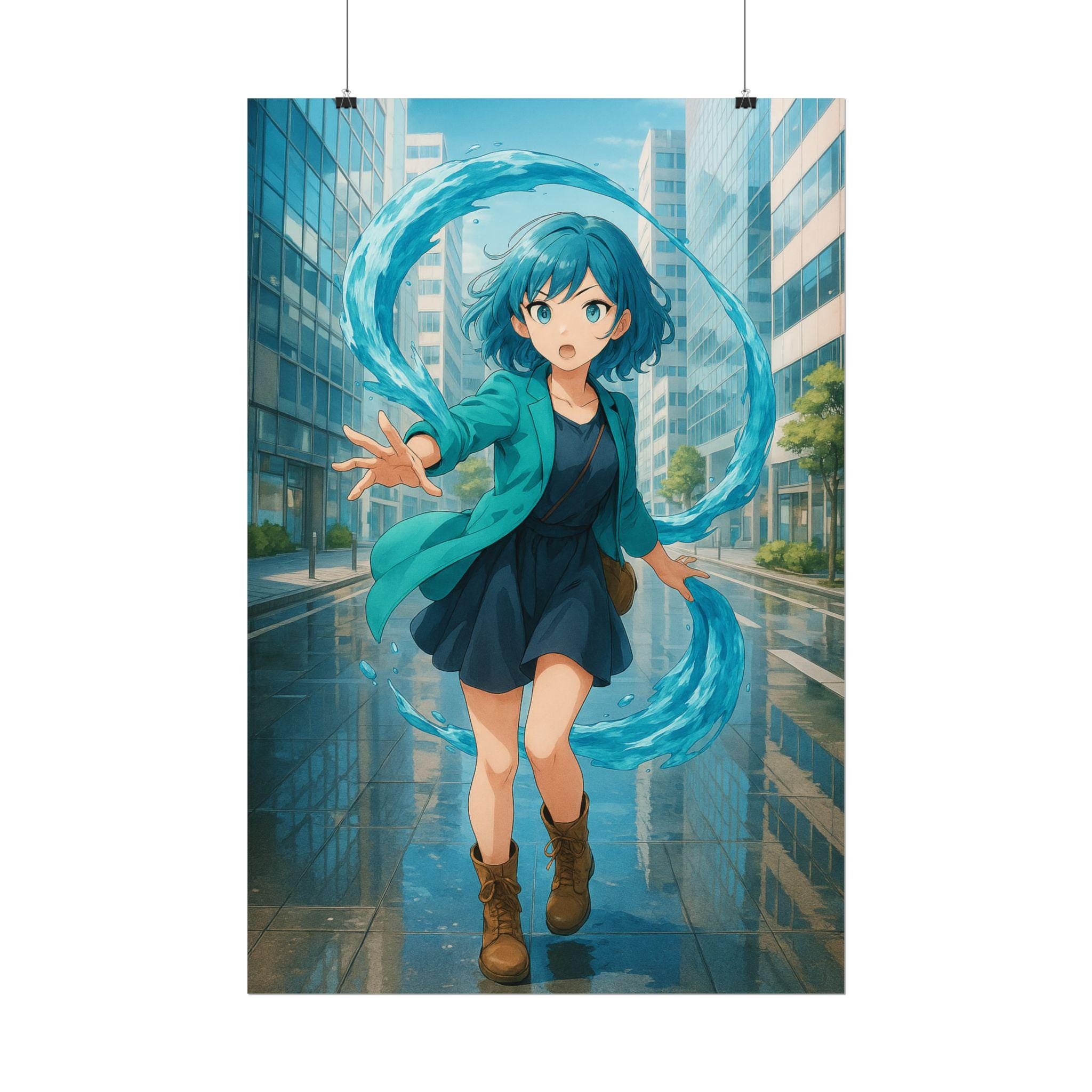 Aqua Spirit Anime Girl Poster | Water Power Wall Art | Elemental Magic Aesthetic | Blue Teal Urban Fantasy Decor | Epic Anime Apparel