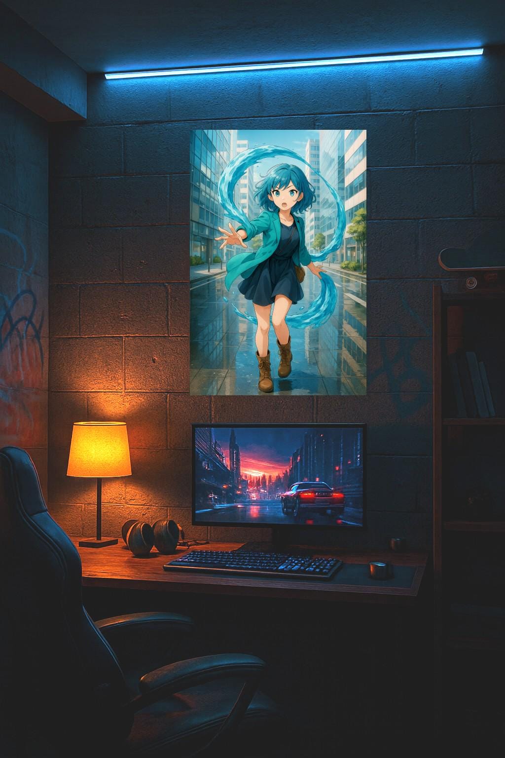 Aqua Spirit Anime Girl Poster | Water Power Wall Art | Elemental Magic Aesthetic | Blue Teal Urban Fantasy Decor | Epic Anime Apparel