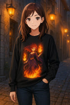 Anime Fire Sorceress Sweatshirt, Fantasy Japanese Hoodie, Magical Warrior Girl Art, Neon Glow Streetwear, DTG Print