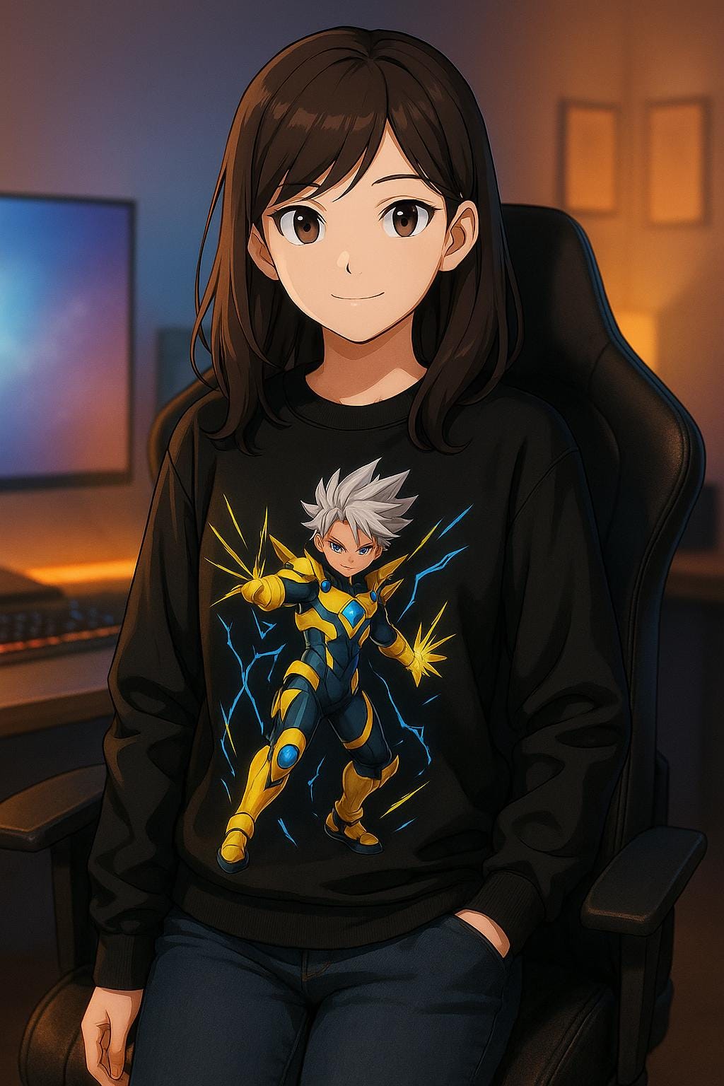 Anime Lightning Hero Sweatshirt, Electric Power Anime Hoodie, Neon Superhero Pullover, Japanese Streetwear Gift