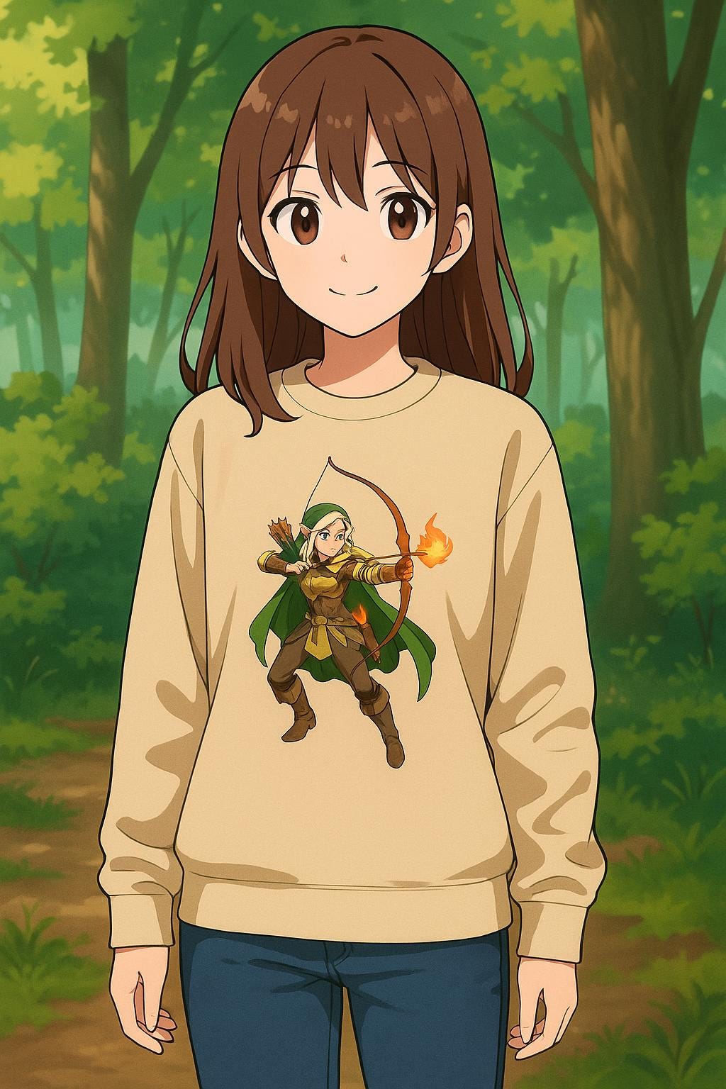 Elf Archer Anime Sweatshirt Sand Color Unisex Pullover Japanese Fantasy Ranger Gift