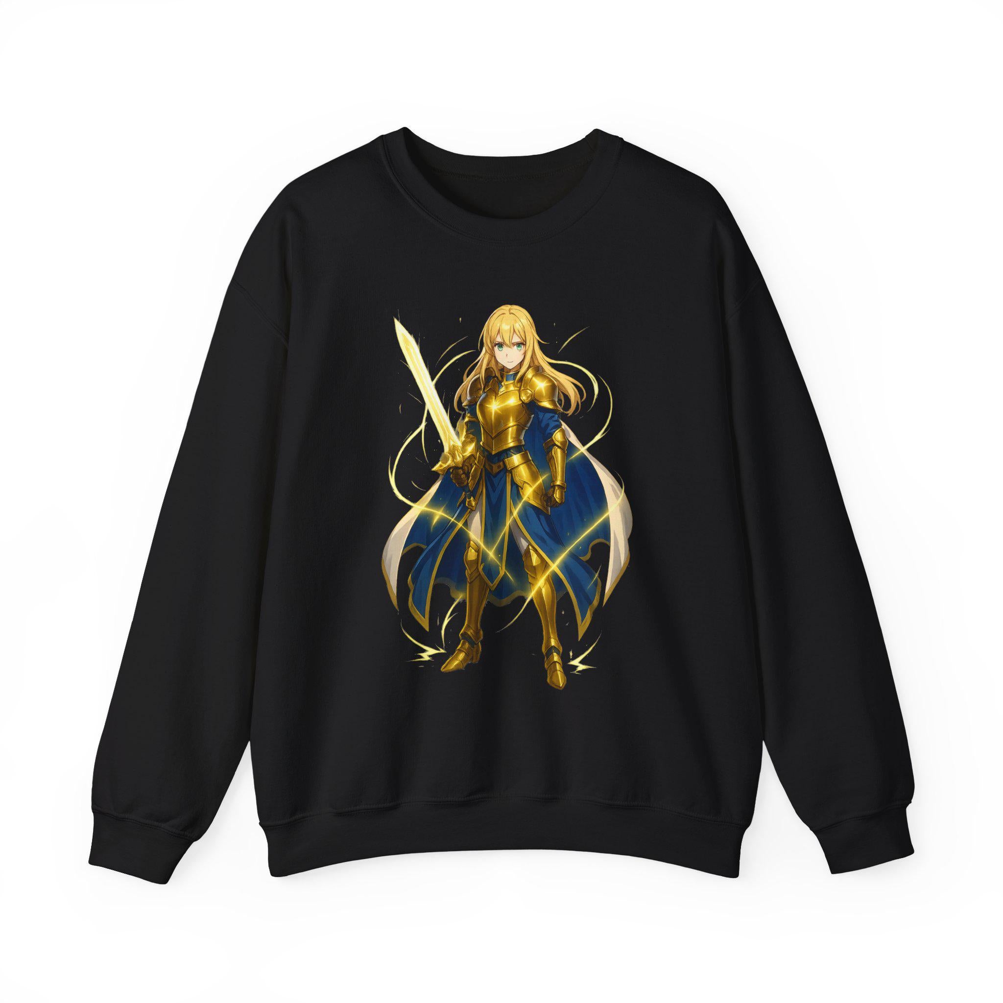 Golden Paladin Anime Sweatshirt Black Neon Glow Armor Design Gift for Anime Fans Fantasy Warrior Streetwear Gamer Apparel