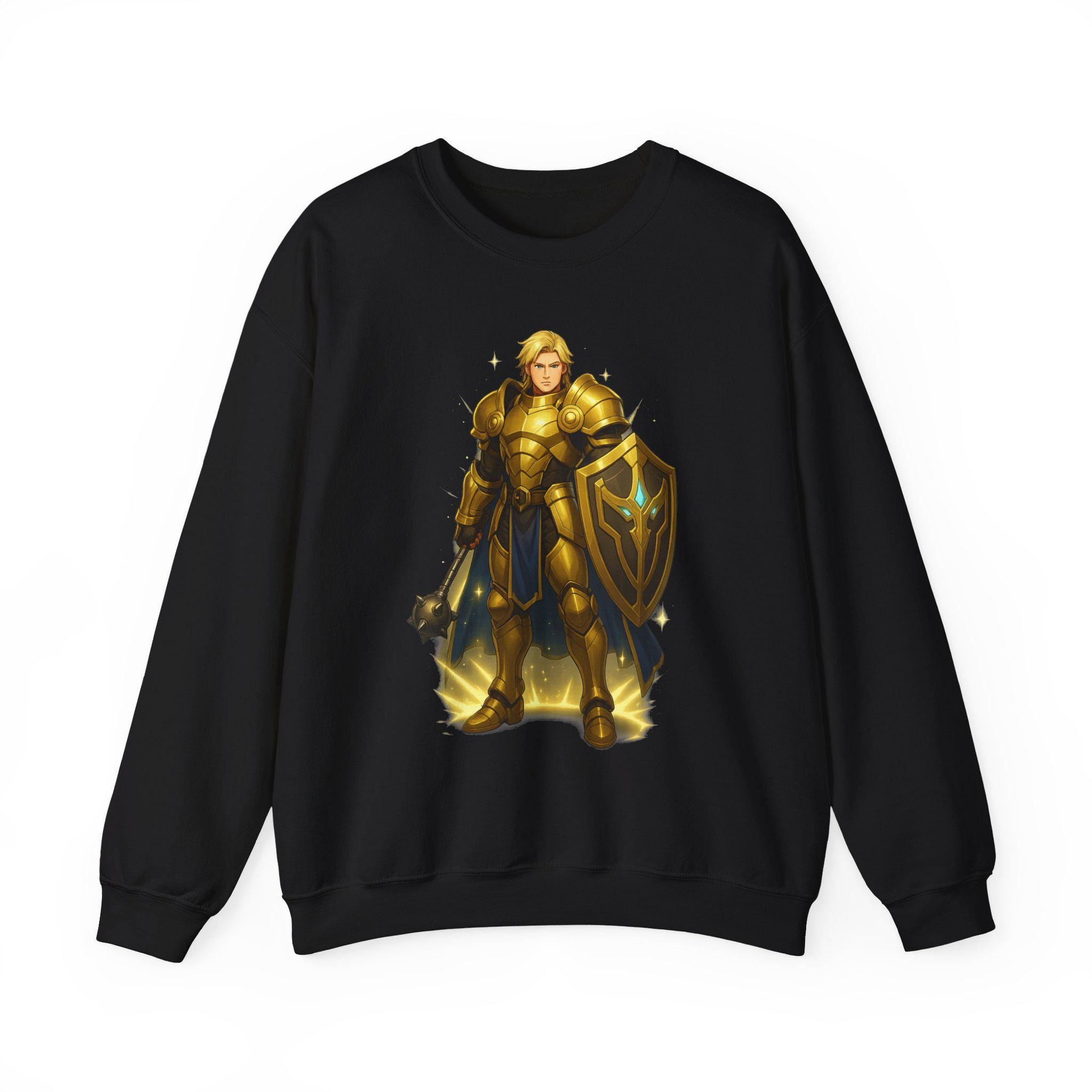 Golden Knight Anime Sweatshirt Black Castle Scene Fantasy Warrior Streetwear Gift for Anime Fans Neon Glow Gamer Apparel