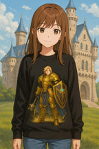 Golden Knight Anime Sweatshirt Black Castle Scene Fantasy Warrior Streetwear Gift for Anime Fans Neon Glow Gamer Apparel