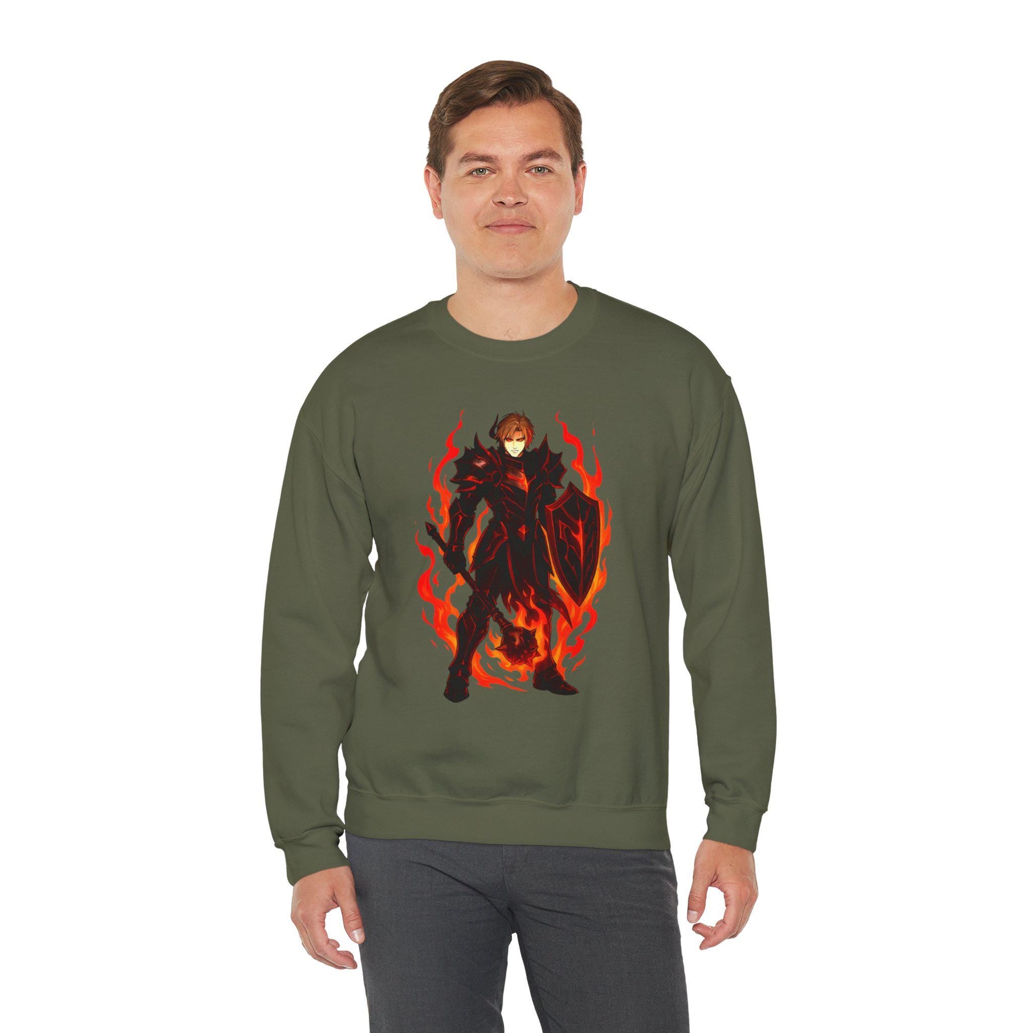 Flame Knight Anime Sweatshirt Black Spooky Castle Glow-in-Dark Fantasy Armor Gift for Gamers Otaku Streetwear Anime Apparel