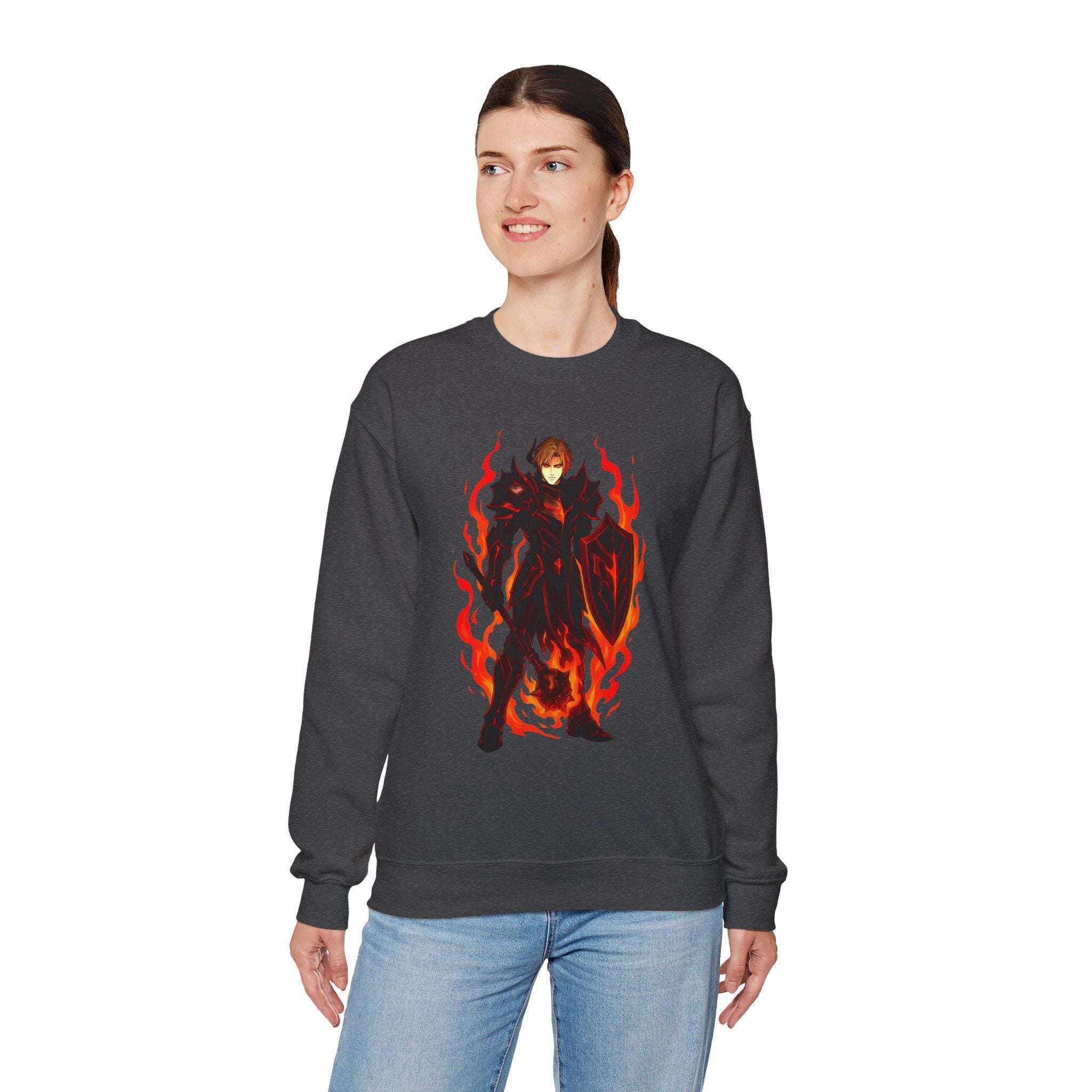 Flame Knight Anime Sweatshirt Black Spooky Castle Glow-in-Dark Fantasy Armor Gift for Gamers Otaku Streetwear Anime Apparel