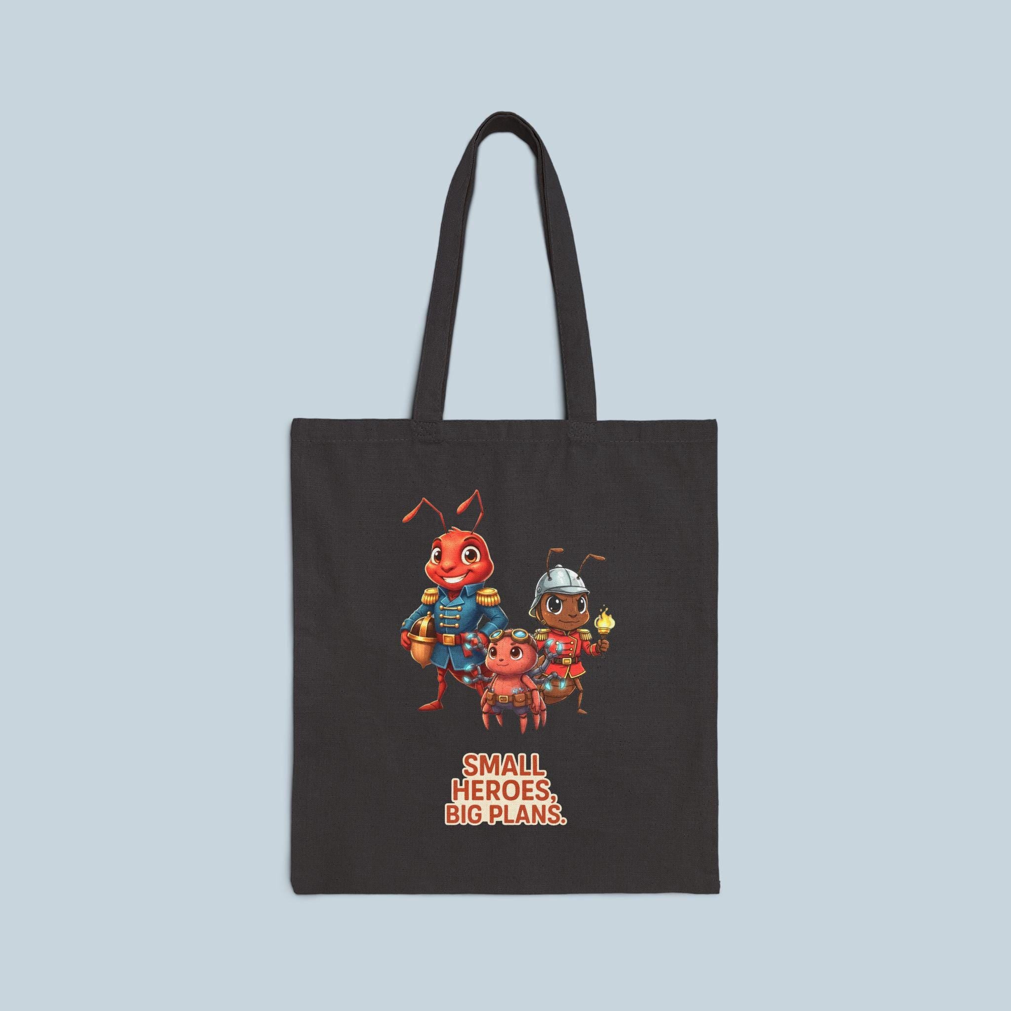 Small Heroes Big Plans Tote Bag, Cute Whimsical Ant Trio, Eco Tote, Funny Anime Inspired Gift for Readers Teachers Moms Epic Anime Apparel