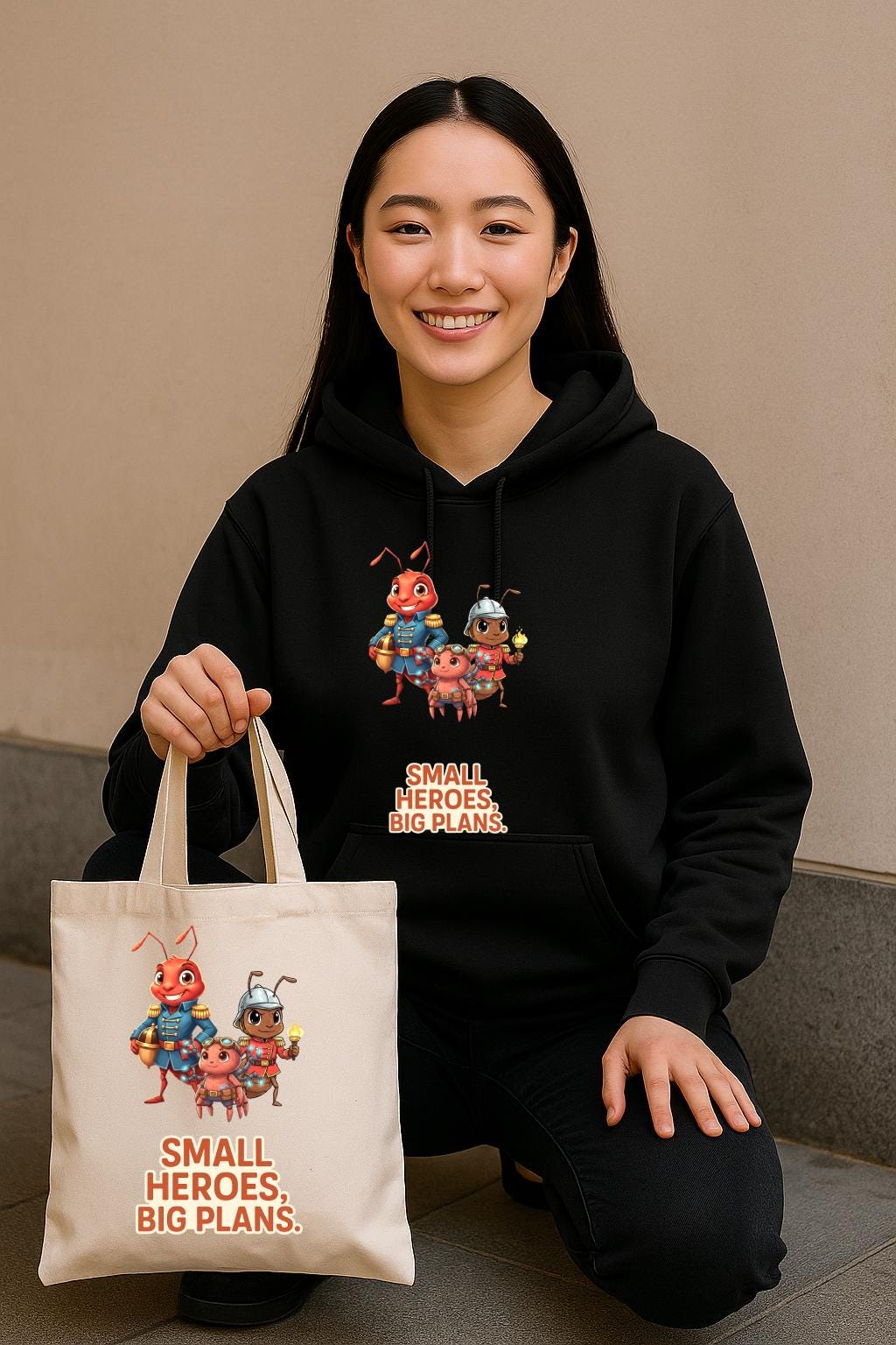 Small Heroes Big Plans Tote Bag, Cute Whimsical Ant Trio, Eco Tote, Funny Anime Inspired Gift for Readers Teachers Moms Epic Anime Apparel