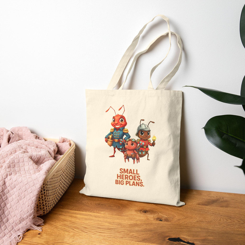 Small Heroes Big Plans Tote Bag, Cute Whimsical Ant Trio, Eco Tote, Funny Anime Inspired Gift for Readers Teachers Moms Epic Anime Apparel
