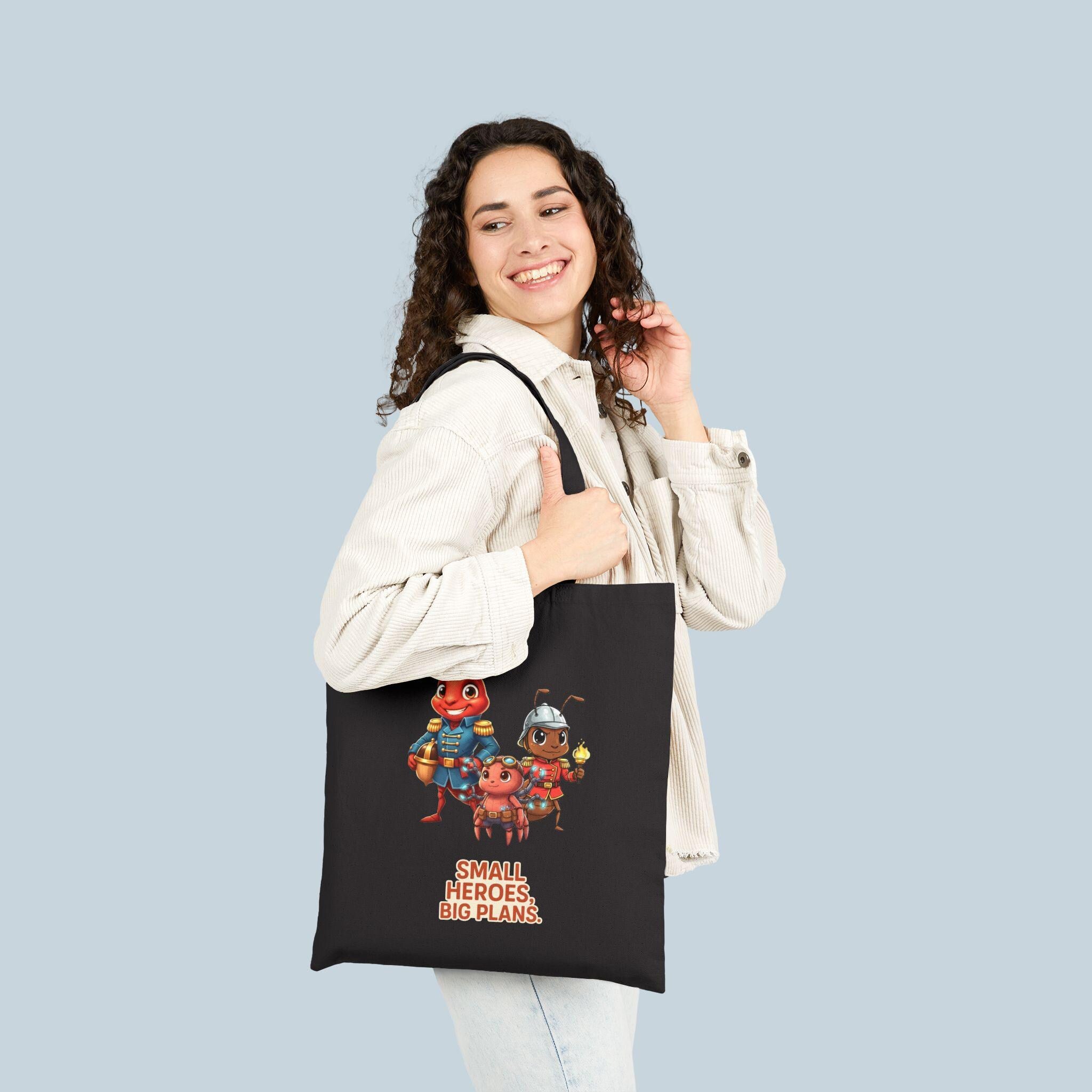 Small Heroes Big Plans Tote Bag, Cute Whimsical Ant Trio, Eco Tote, Funny Anime Inspired Gift for Readers Teachers Moms Epic Anime Apparel