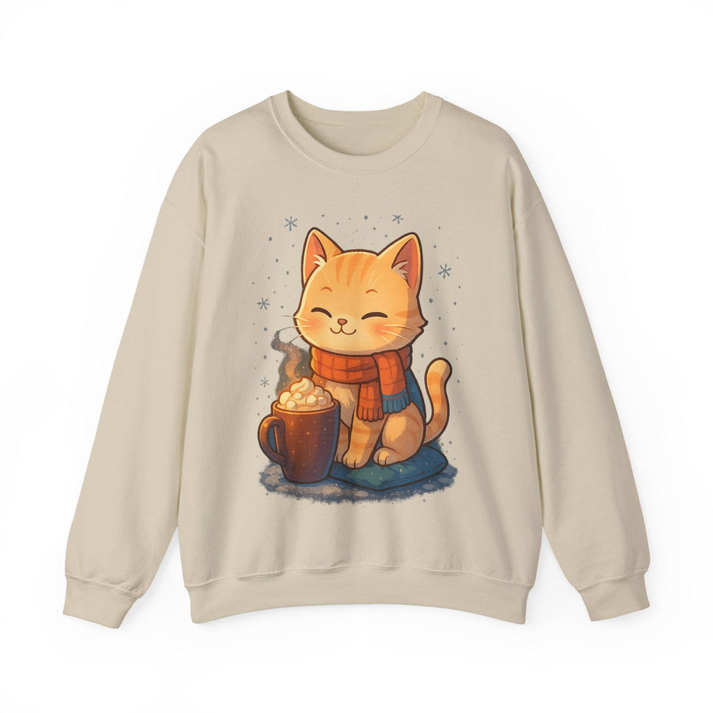 Cozy Winter Cat Sweatshirt | Anime Orange Tabby on Sand Crewneck | Hot Cocoa & Snowflakes Graphic | Gift for Cat and Anime Lovers
