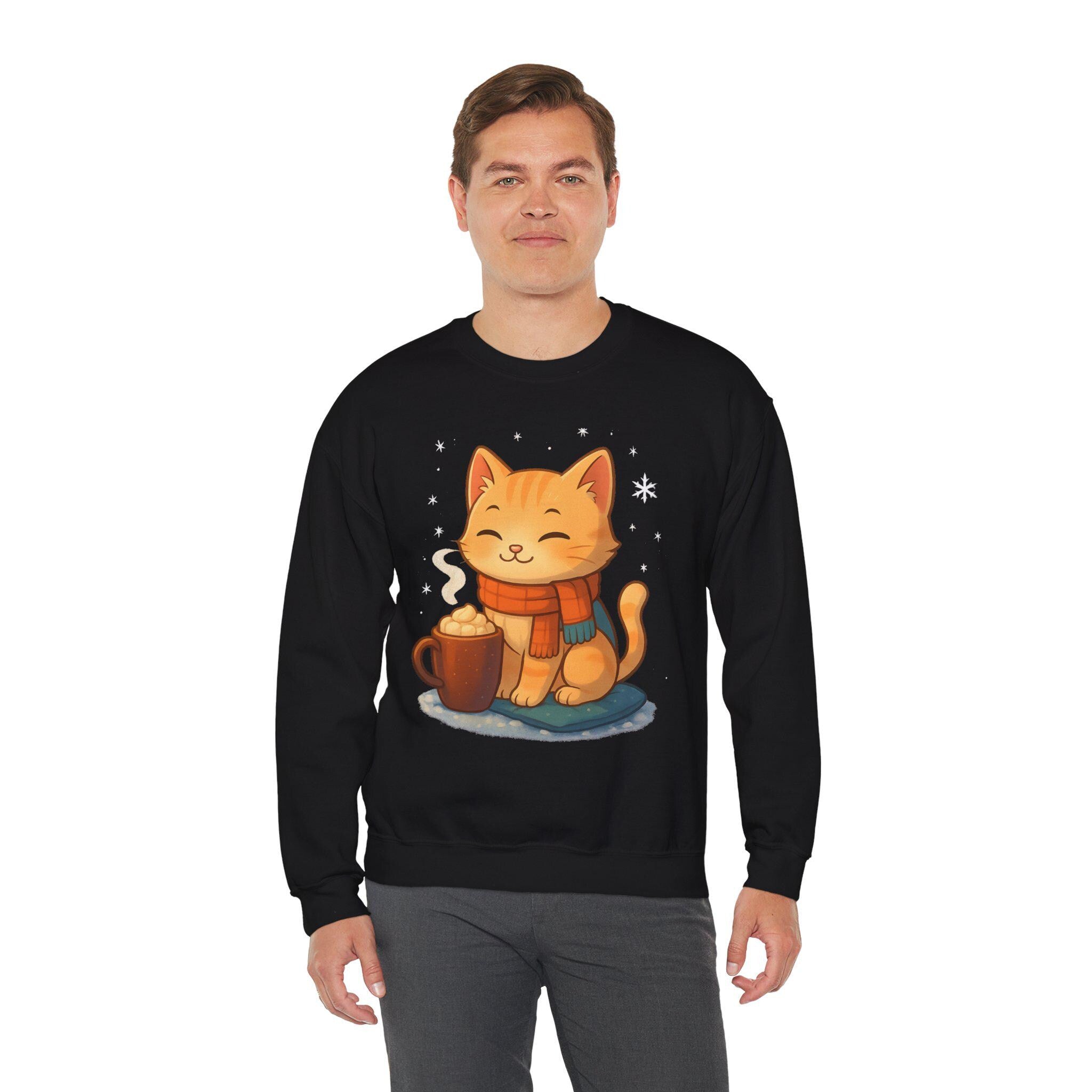 Cozy Winter Cat Sweatshirt | Anime Orange Tabby on Sand Crewneck | Hot Cocoa & Snowflakes Graphic | Gift for Cat and Anime Lovers