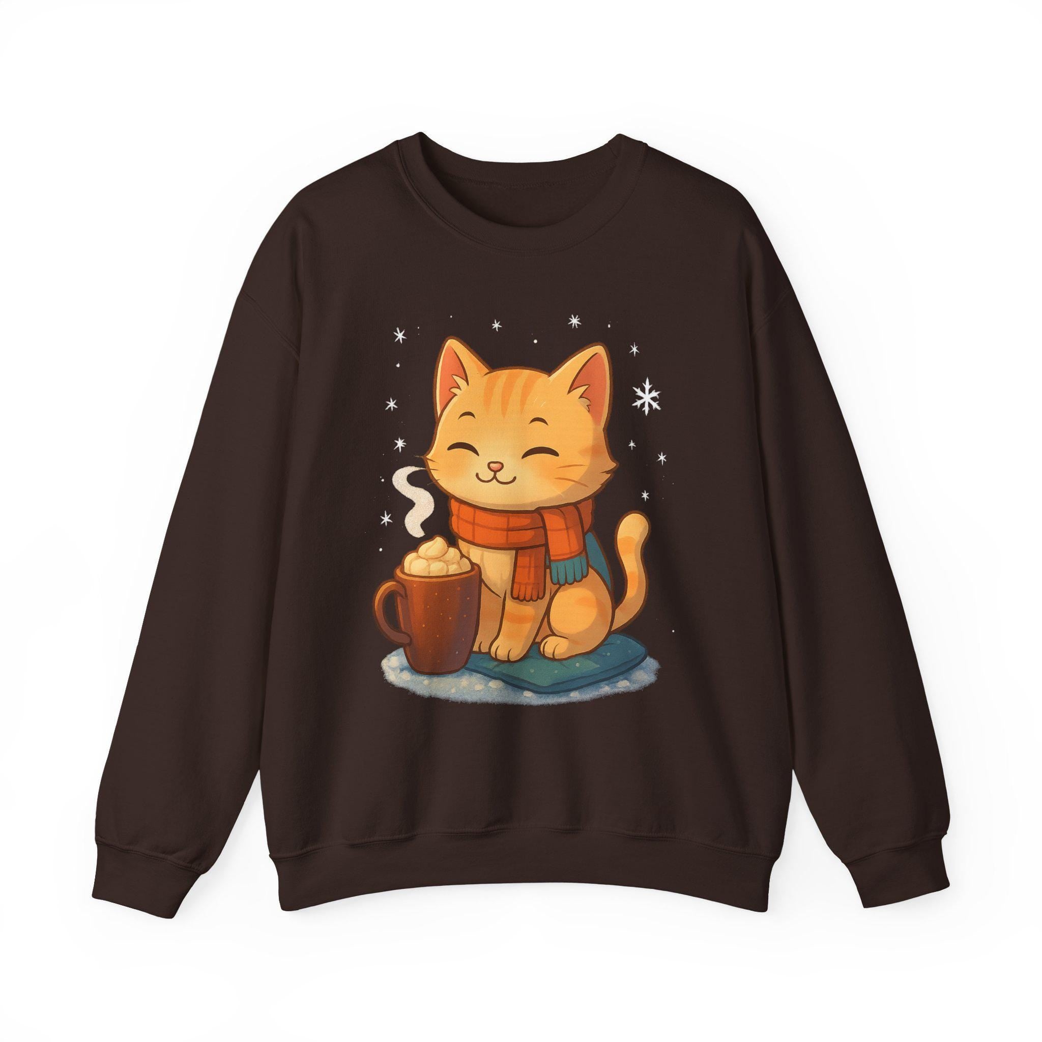 Cozy Winter Cat Sweatshirt | Anime Orange Tabby on Sand Crewneck | Hot Cocoa & Snowflakes Graphic | Gift for Cat and Anime Lovers