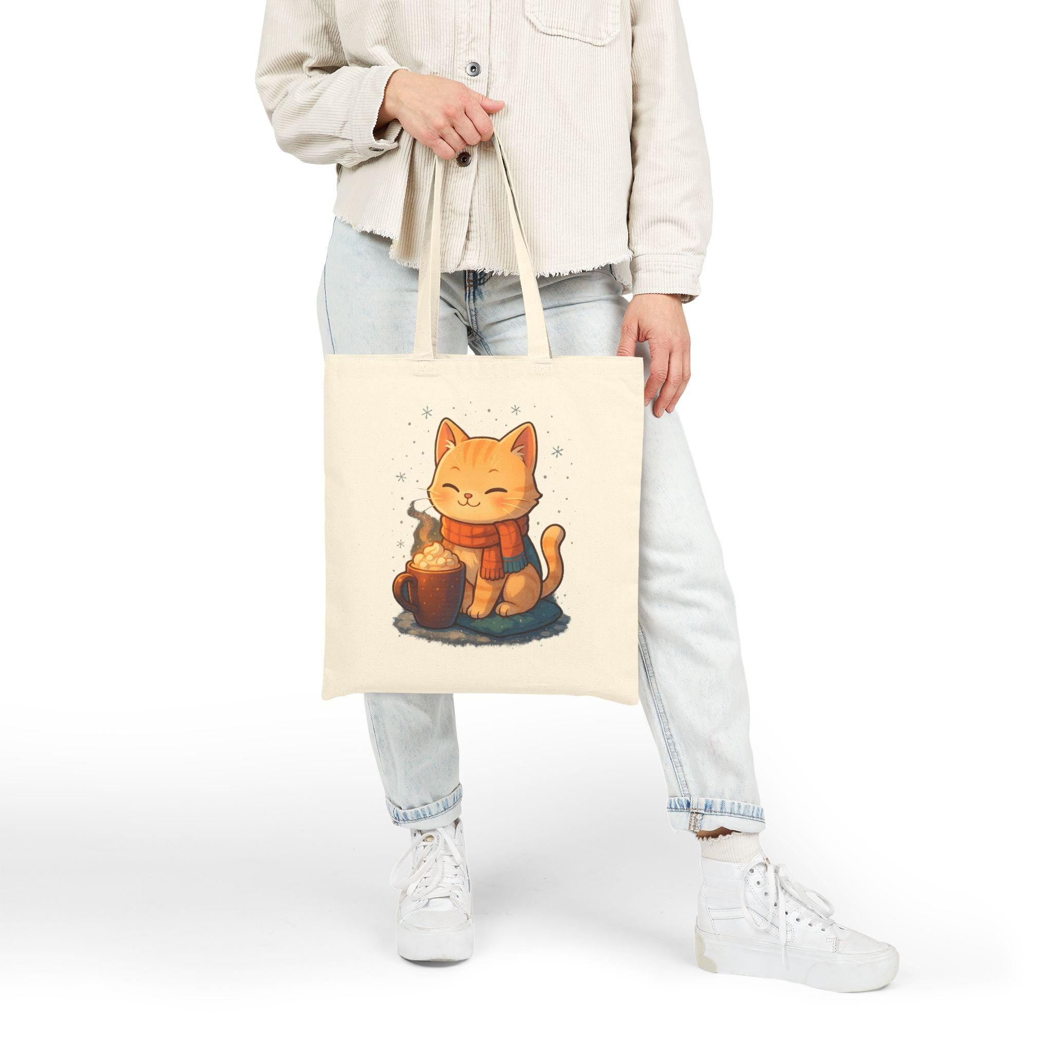 Cozy Cat Cocoa Tote Bag,  Cute Anime Orange Tabby with Hot Cocoa & Snowflakes