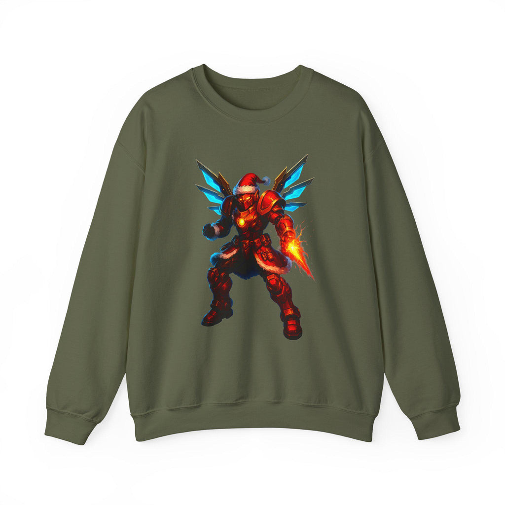 Anime Cyber Santa Sweatshirt Neon Warrior Christmas Hoodie Futuristic Fire Armor Gift for Gamers and Anime Fans