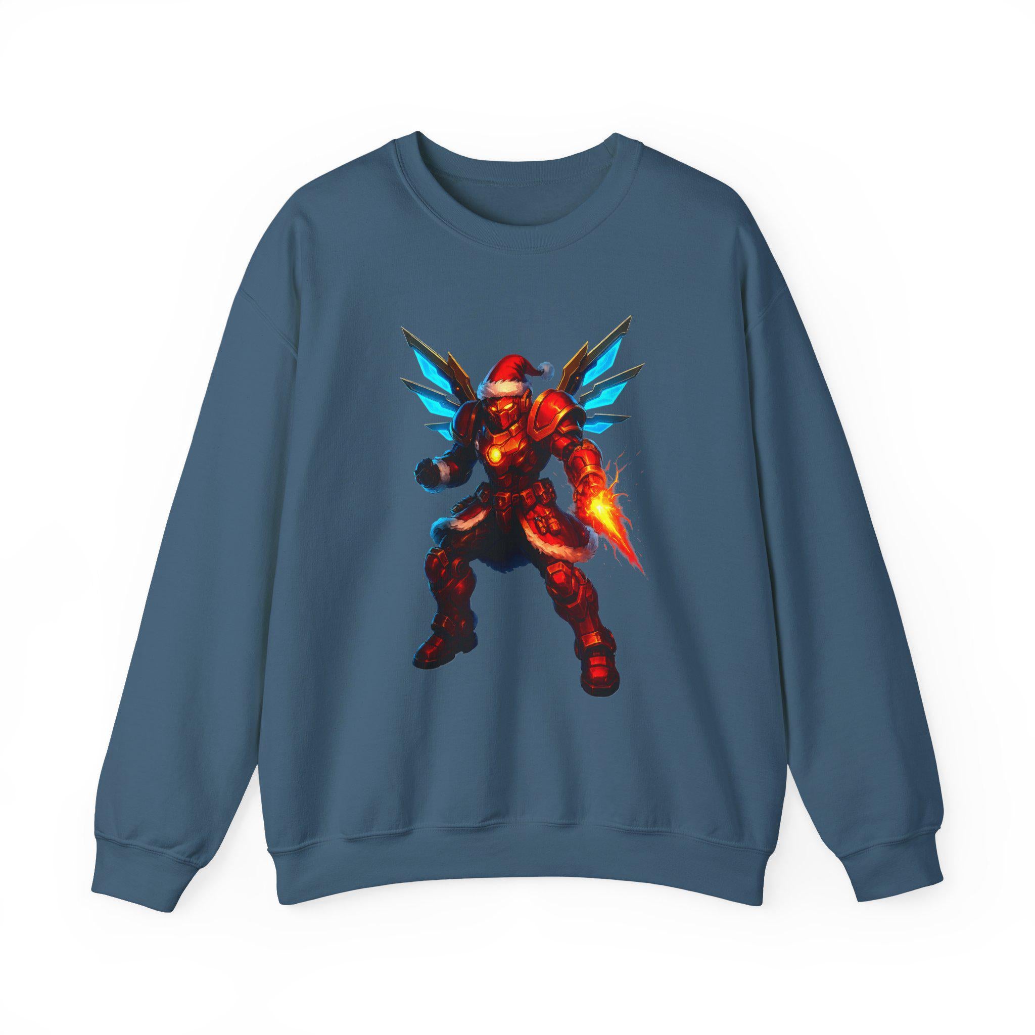 Anime Cyber Santa Sweatshirt Neon Warrior Christmas Hoodie Futuristic Fire Armor Gift for Gamers and Anime Fans