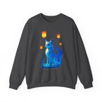 Blue Spirit Fox Sweatshirt Anime Fantasy Gift Cozy Lantern Night Sky Apparel for Anime Lovers and Gamers