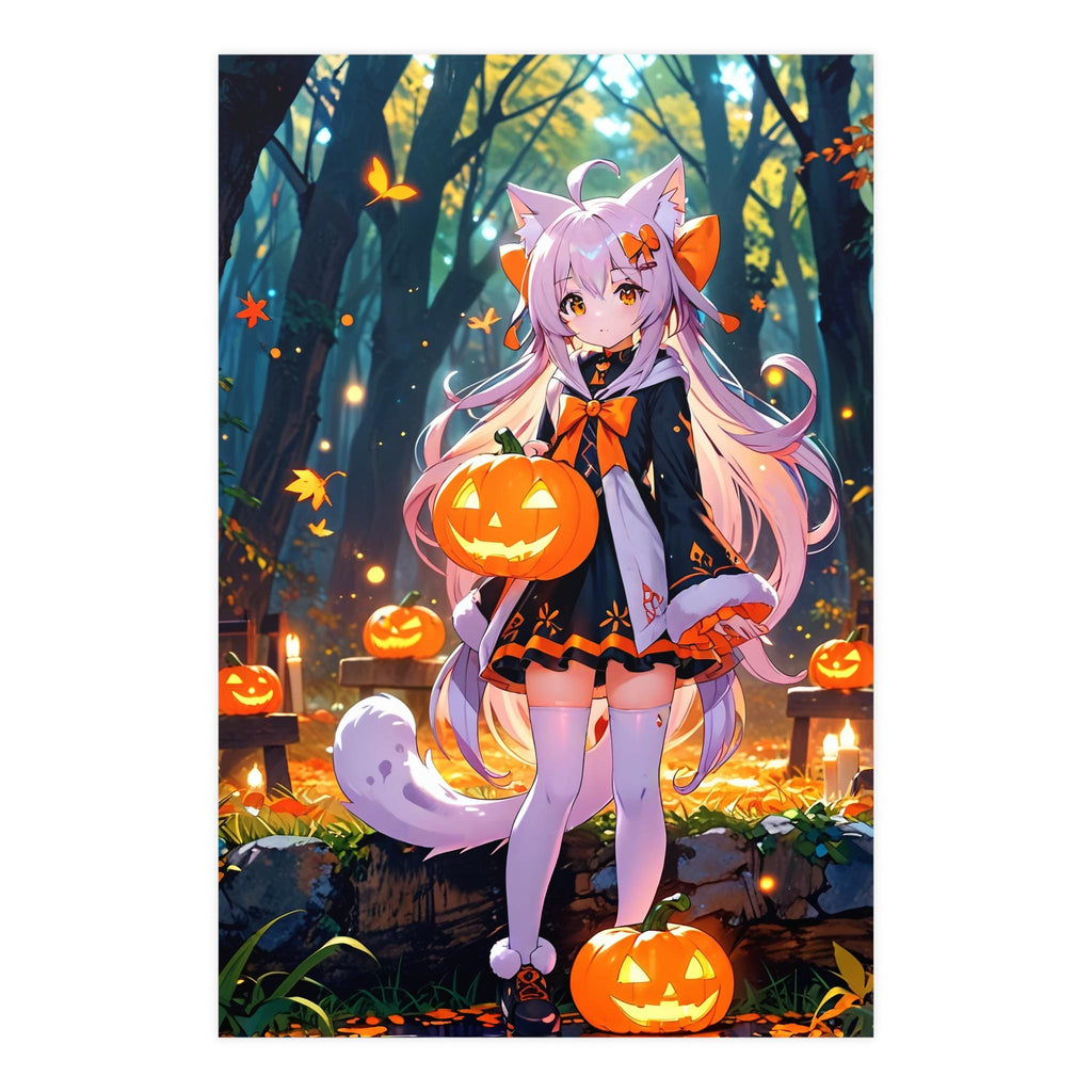 Halloween Cat Spirit Poster, Cute Anime Art | Kawaii Cat Girl with Pumpkins | Fall Anime Decor for Bedrooms, Gamers | Epic Anime Apparel