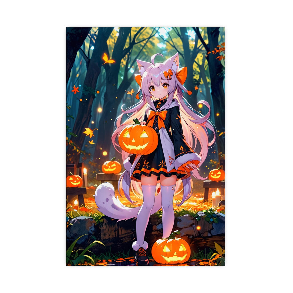 Halloween Cat Spirit Poster, Cute Anime Art | Kawaii Cat Girl with Pumpkins | Fall Anime Decor for Bedrooms, Gamers | Epic Anime Apparel