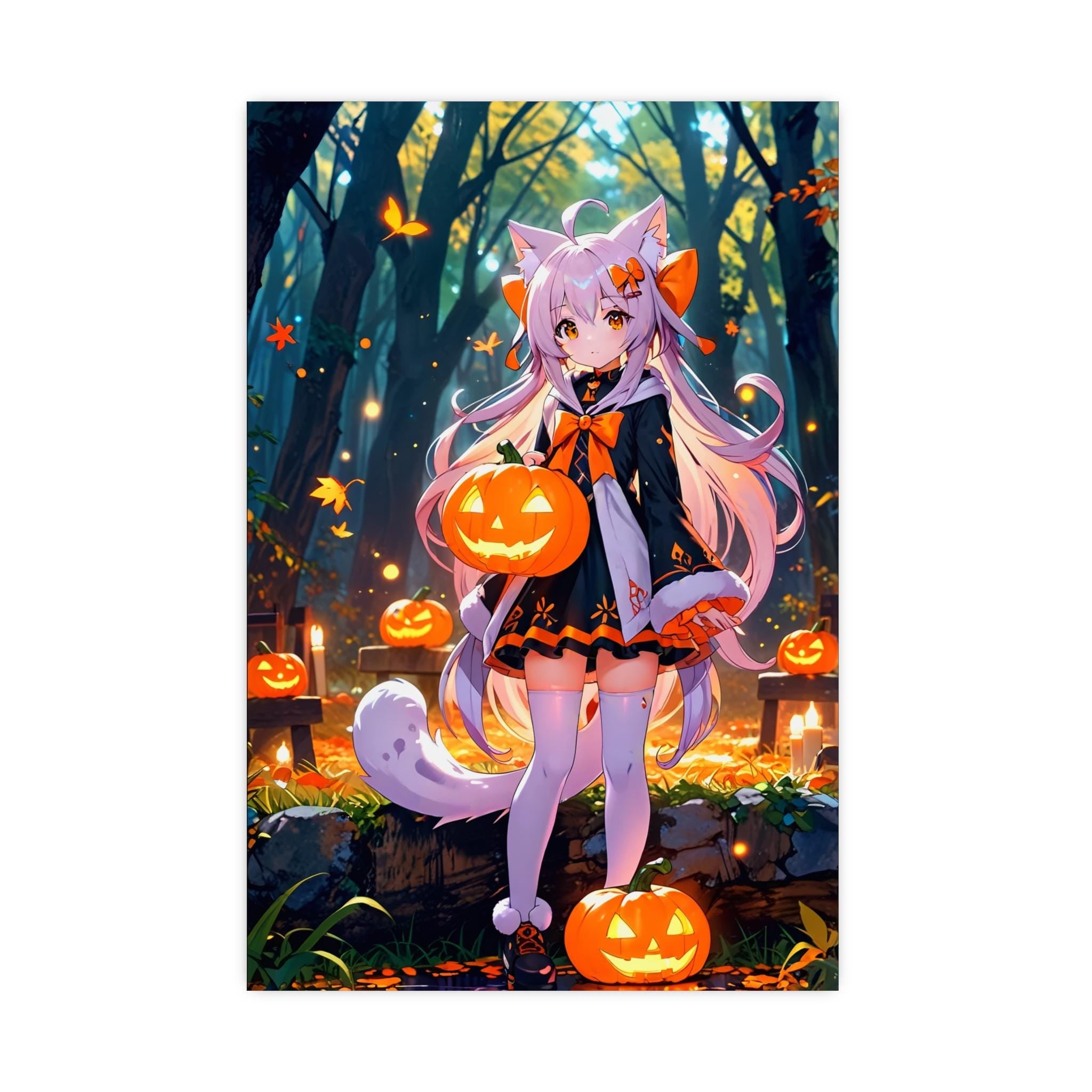 Halloween Cat Spirit Poster, Cute Anime Art | Kawaii Cat Girl with Pumpkins | Fall Anime Decor for Bedrooms, Gamers | Epic Anime Apparel