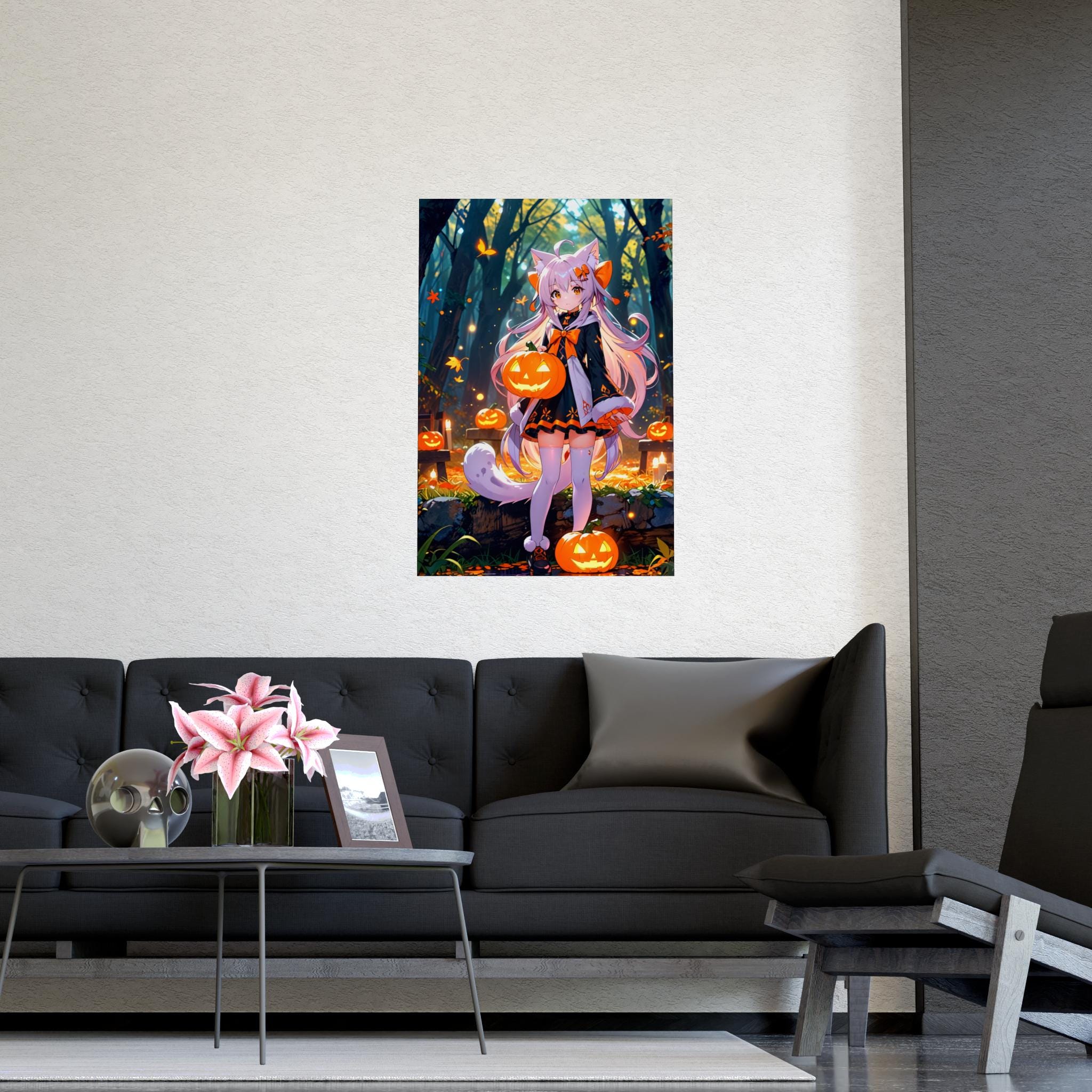 Halloween Cat Spirit Poster, Cute Anime Art | Kawaii Cat Girl with Pumpkins | Fall Anime Decor for Bedrooms, Gamers | Epic Anime Apparel