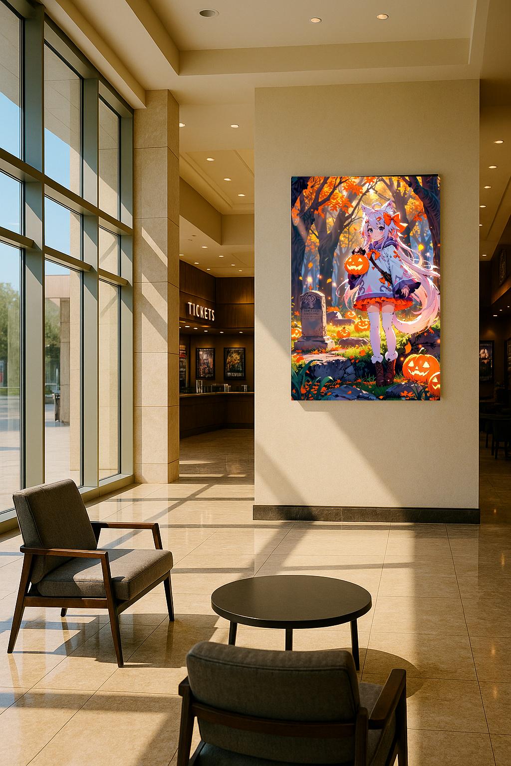 Autumn Cat Spirit Anime Poster Fall Wall Art Kawaii Cat Girl with Pumpkins Cozy Halloween Aesthetic Gift for Anime Fans and Collectors