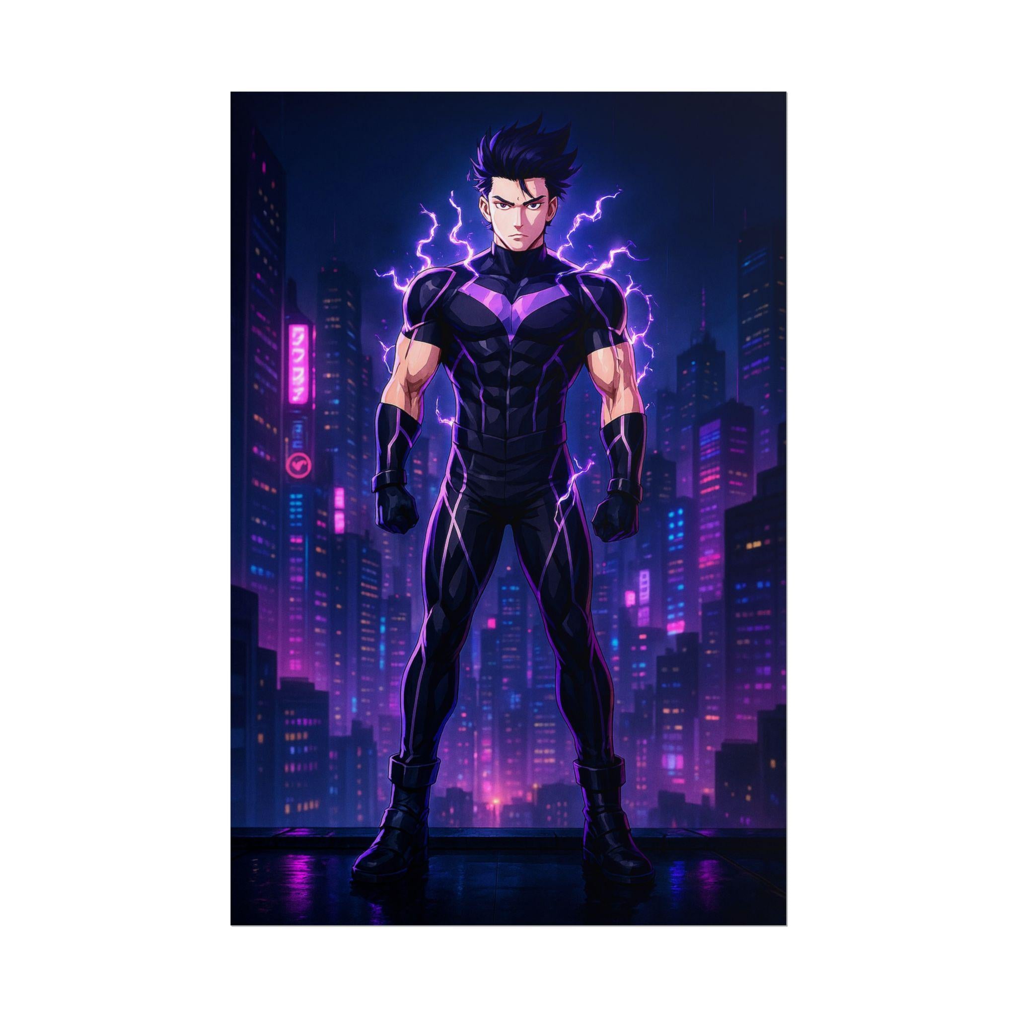 Cyberpunk Lightning Hero Poster Neon Glow Wall Art Futuristic Anime Print Gift for Gamers and Sci-Fi Fans