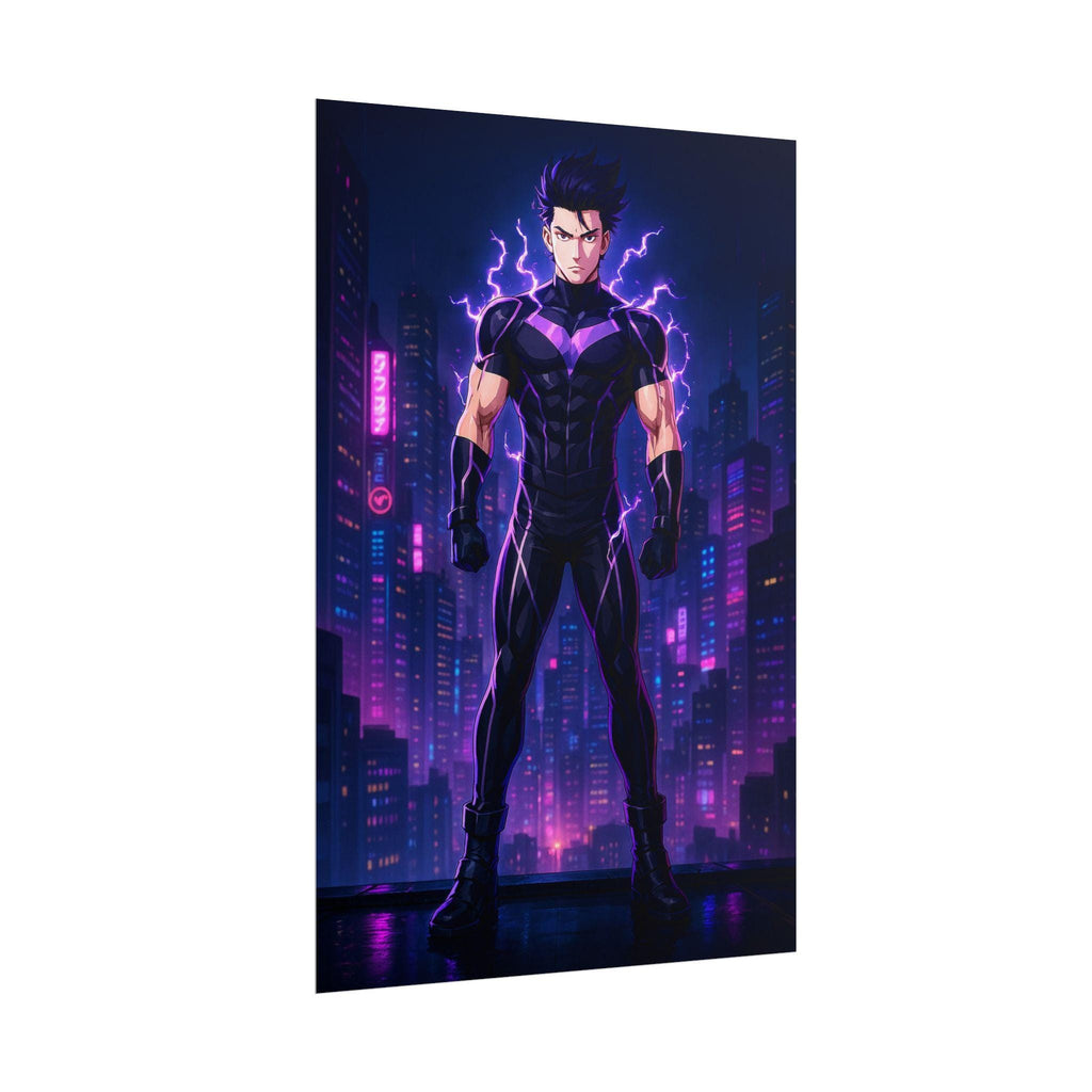 Cyberpunk Lightning Hero Poster Neon Glow Wall Art Futuristic Anime Print Gift for Gamers and Sci-Fi Fans