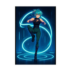 Cyber Lightning Anime Girl Poster Neon Glow Wall Art Futuristic Techwear Anime Room Decor Gift for Gamers and Fans